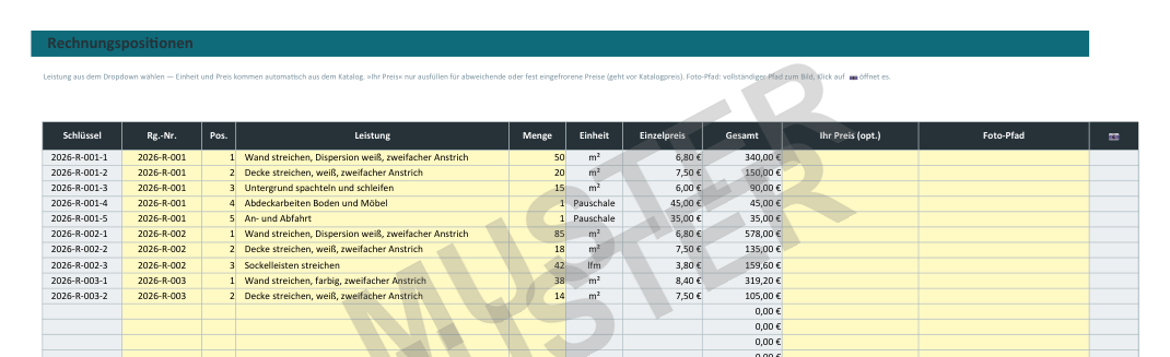 Eingabeblatt Rechnungspositionen mit Leistungen aus dem Dropdown