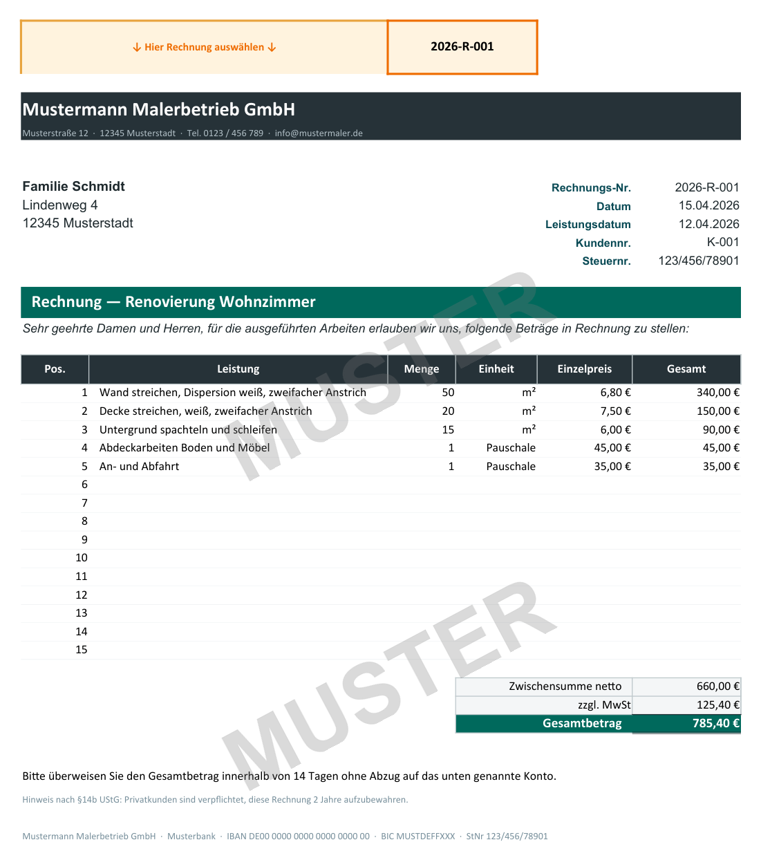 Fertige Rechnung aus dem Maler-Profi-Paket mit Zahlungshinweis